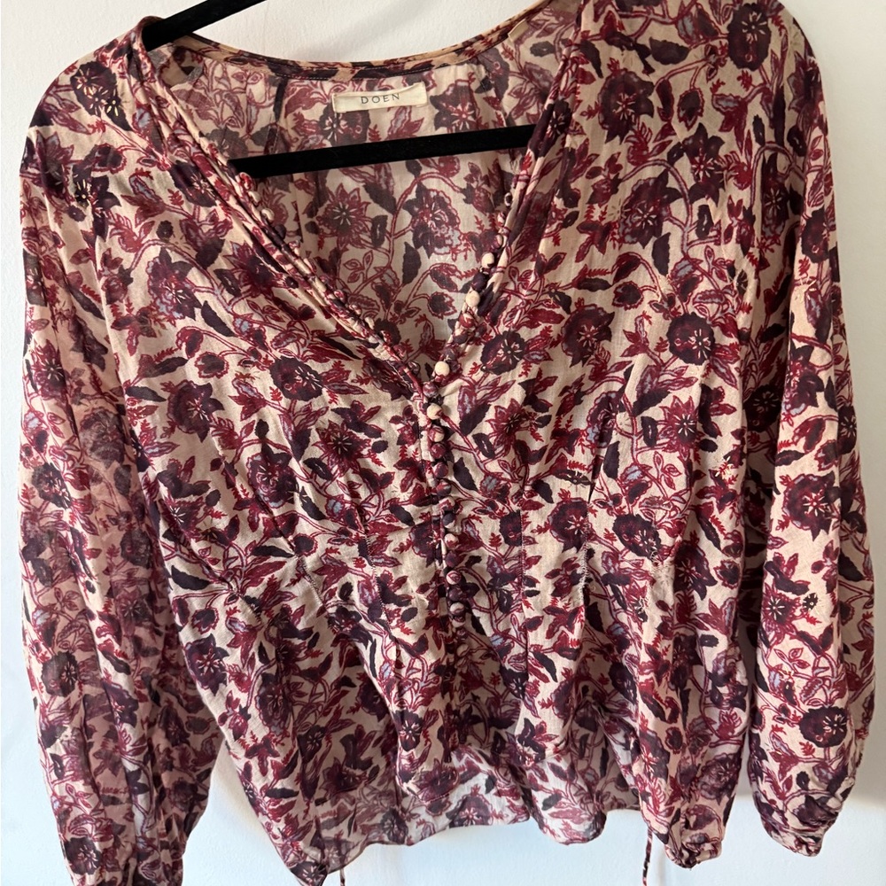 Doen Burgundy and Cream Floral Blouse